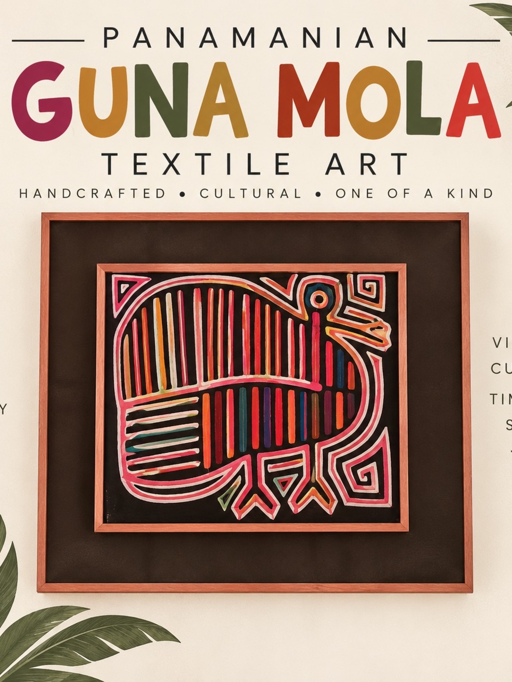 Vintage Guna Mola Textile Art Framed Panama Folk Art Hand Sewn, Wood Framed